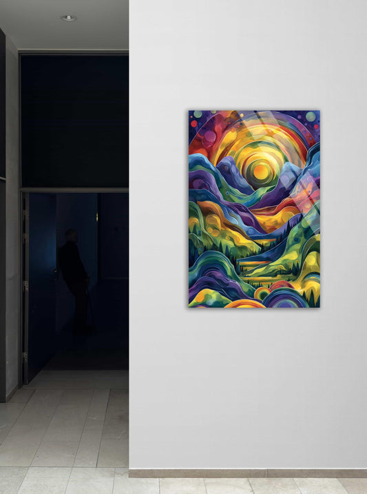 Abstract Mountain Wall Art – Vibrant Tempered Glass Decor with Psychedelic Nature Print