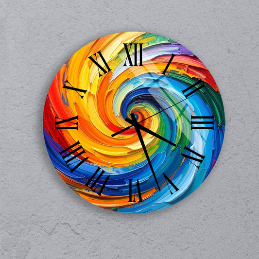 A colorful, abstract clock with swirling patterns in various vibrant colors, including red, orange, yellow, green, blue, purple, and pink.