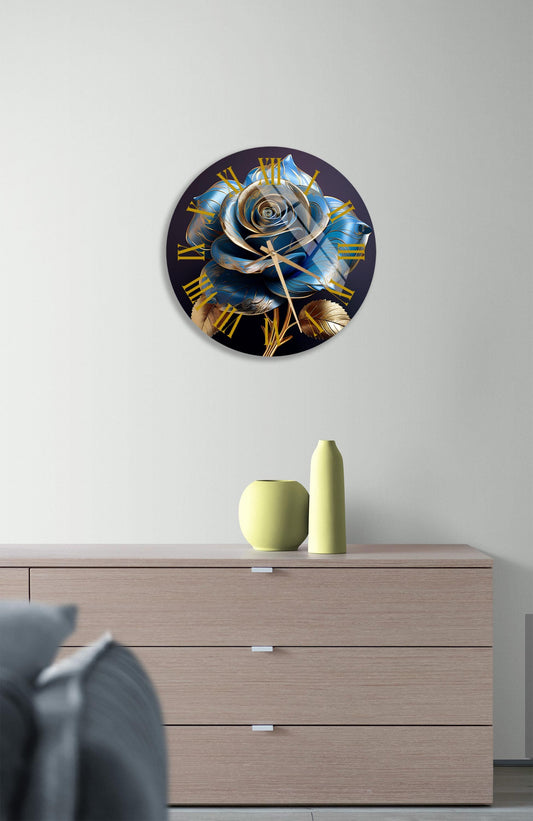 Tempered Glass Wall Clock - Abstract Blue Gold Rose Floral Kitchen Decor Gift