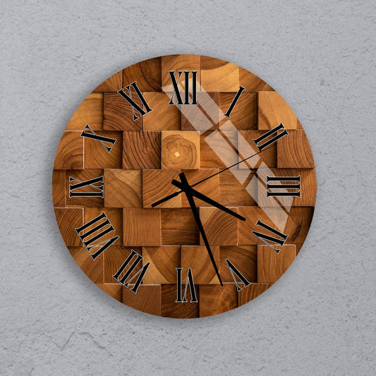 a round clock with a wooden block design, mounted on a gray wall.