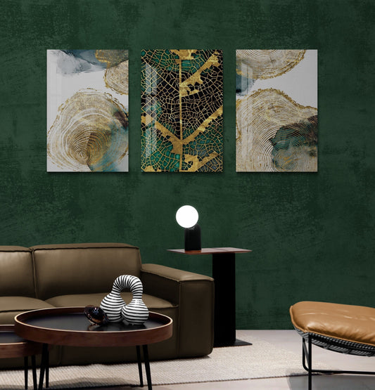 Tempered Glass Wall Art - Large 3 Piece Green And Gold Nature Style Decor