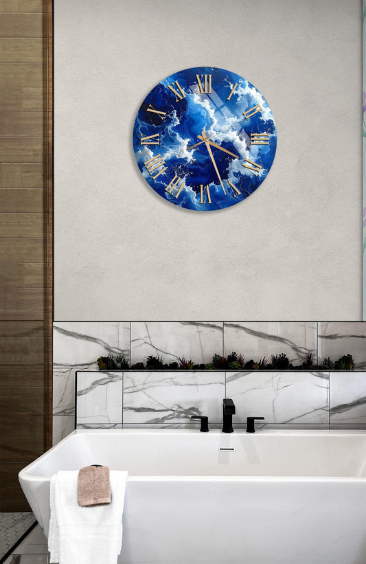 Tempered Glass Wall Clock – Blue Cloudscape Abstract Art, Modern Oversized Decor