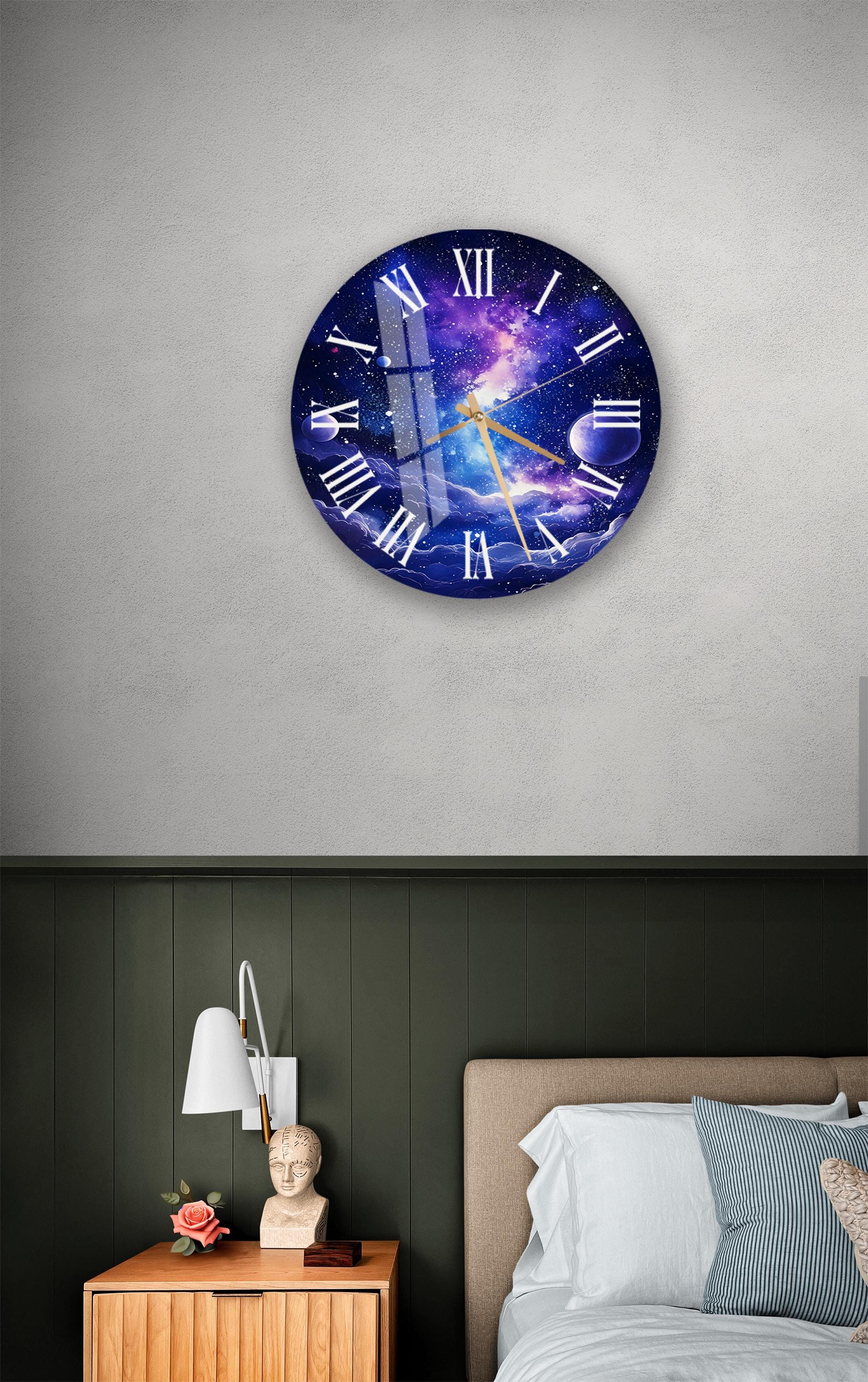 a bedroom with a bed and a large clock on the wall