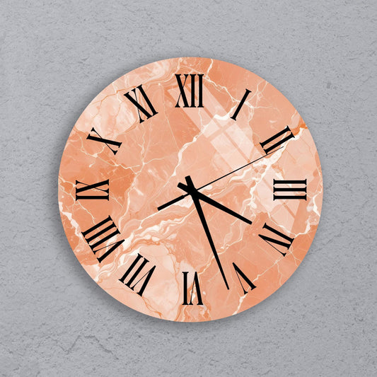 a round clock with Roman numerals on a marble-like background.