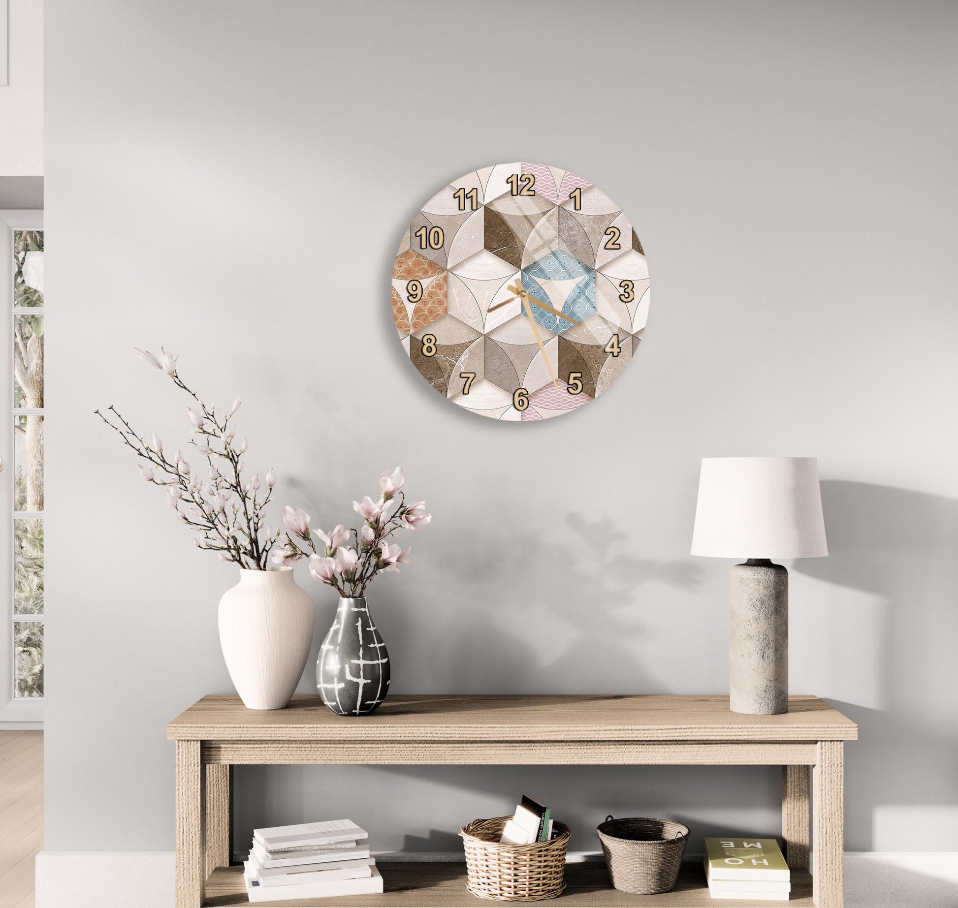 a modern and minimalist living room with a wooden console table, a round wall clock, and various decorative elements such as a vase with flowers, a lamp, and a stack of books.