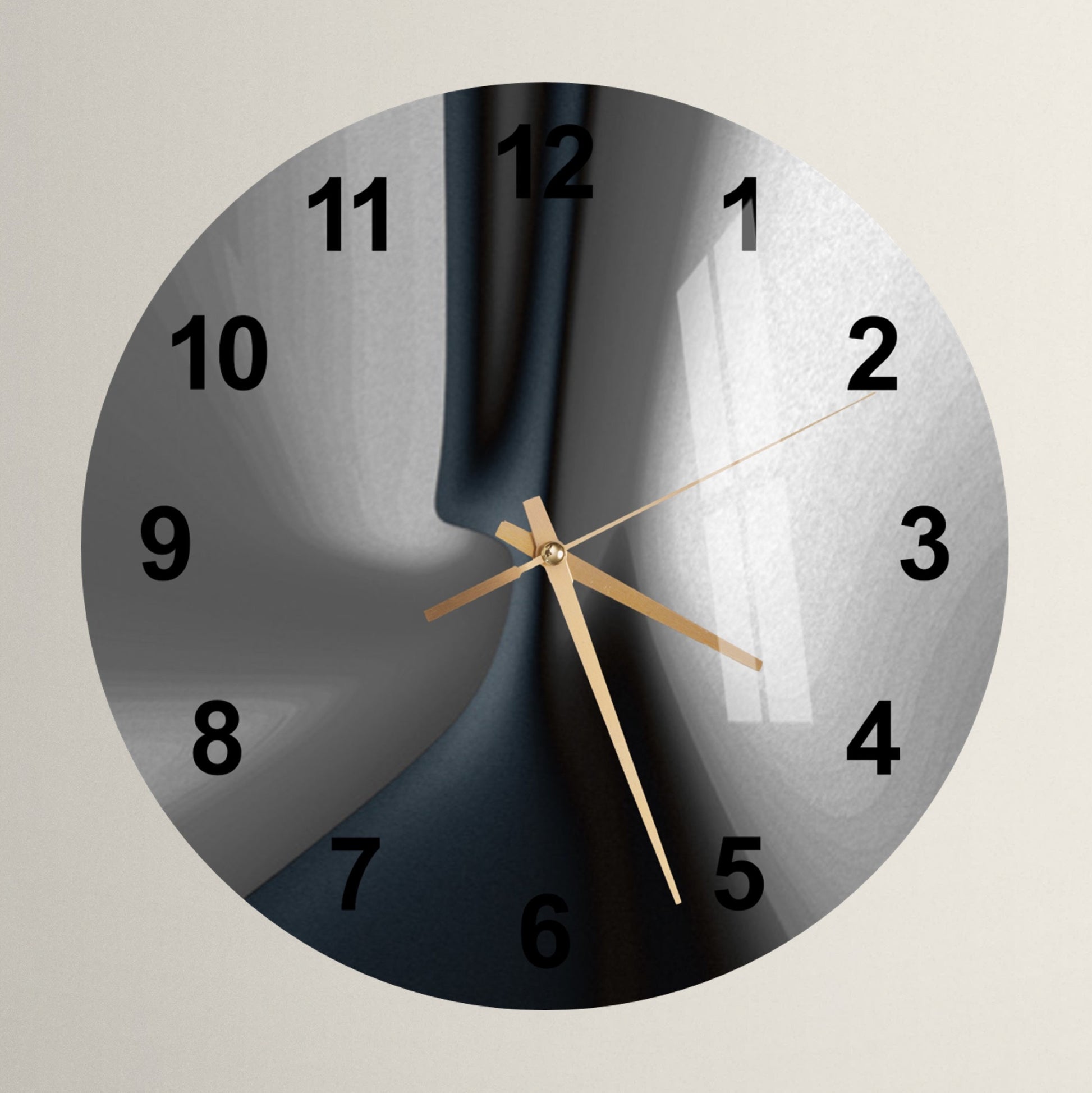 a white clock with a black face and gold hands