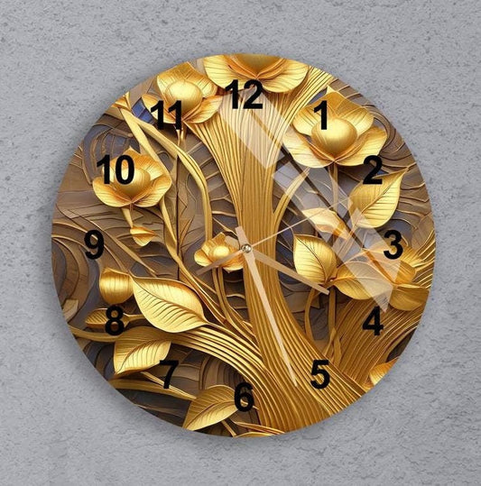 Gold Wall Clock - Glass Tempered 3D Effect Floral Wall Decor, Silent Mechanism