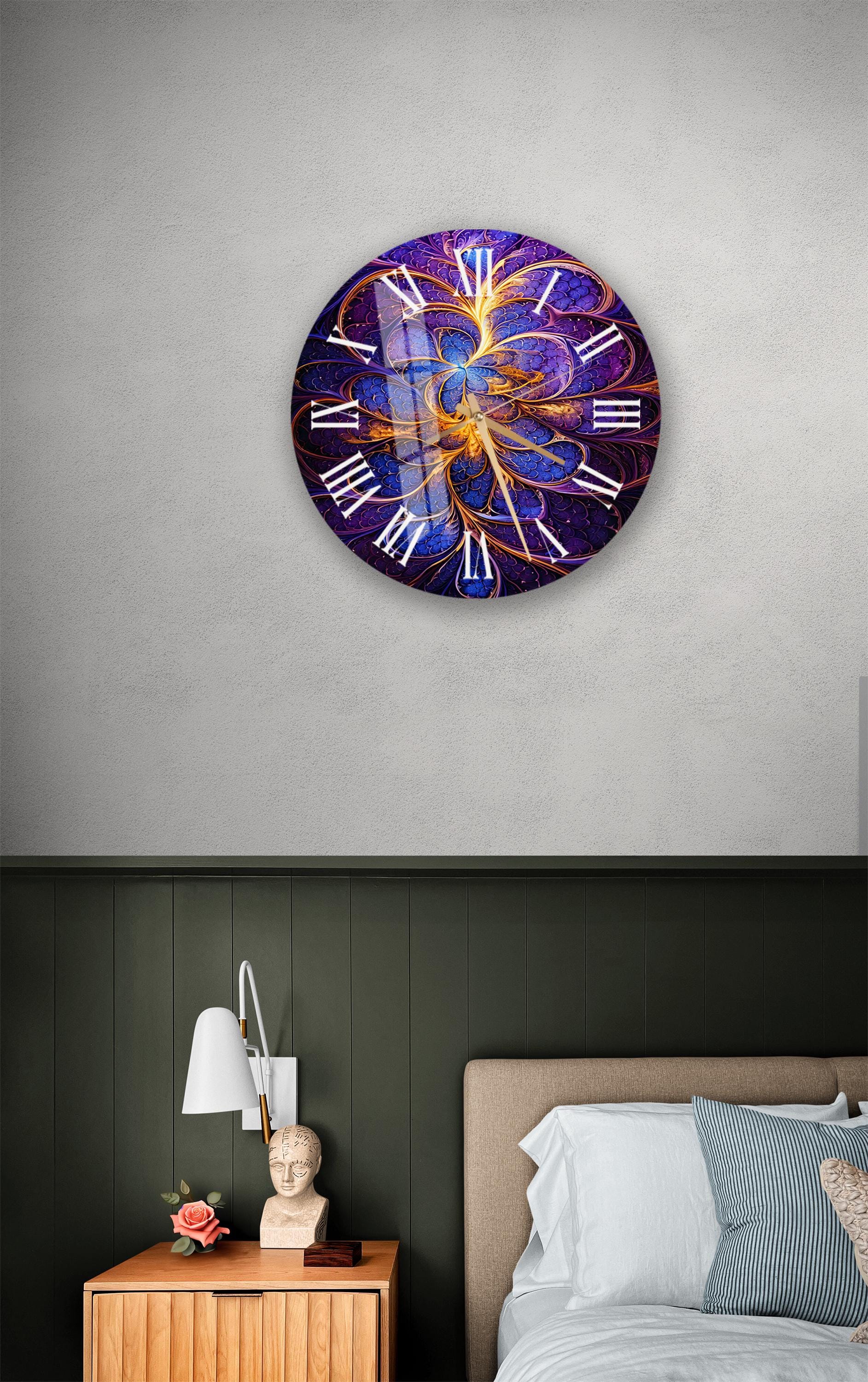 a bedroom with a bed and a clock on the wall