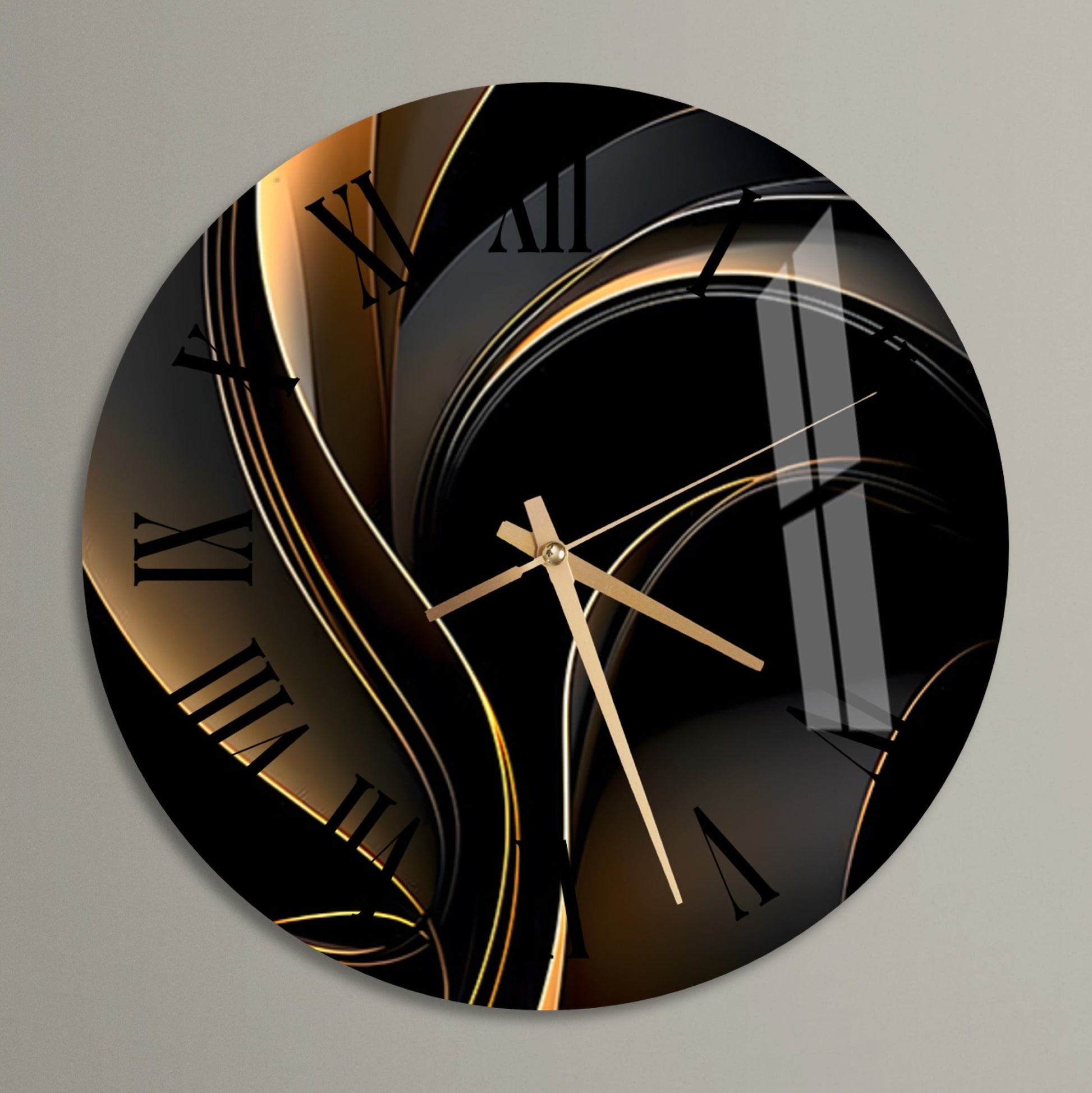 a black and gold clock with roman numerals
