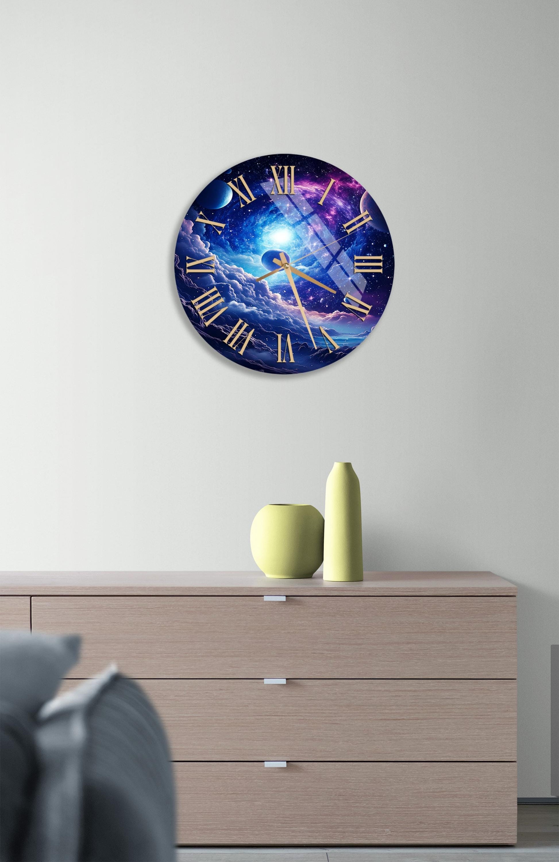 a wall clock with a picture of a space ship on it