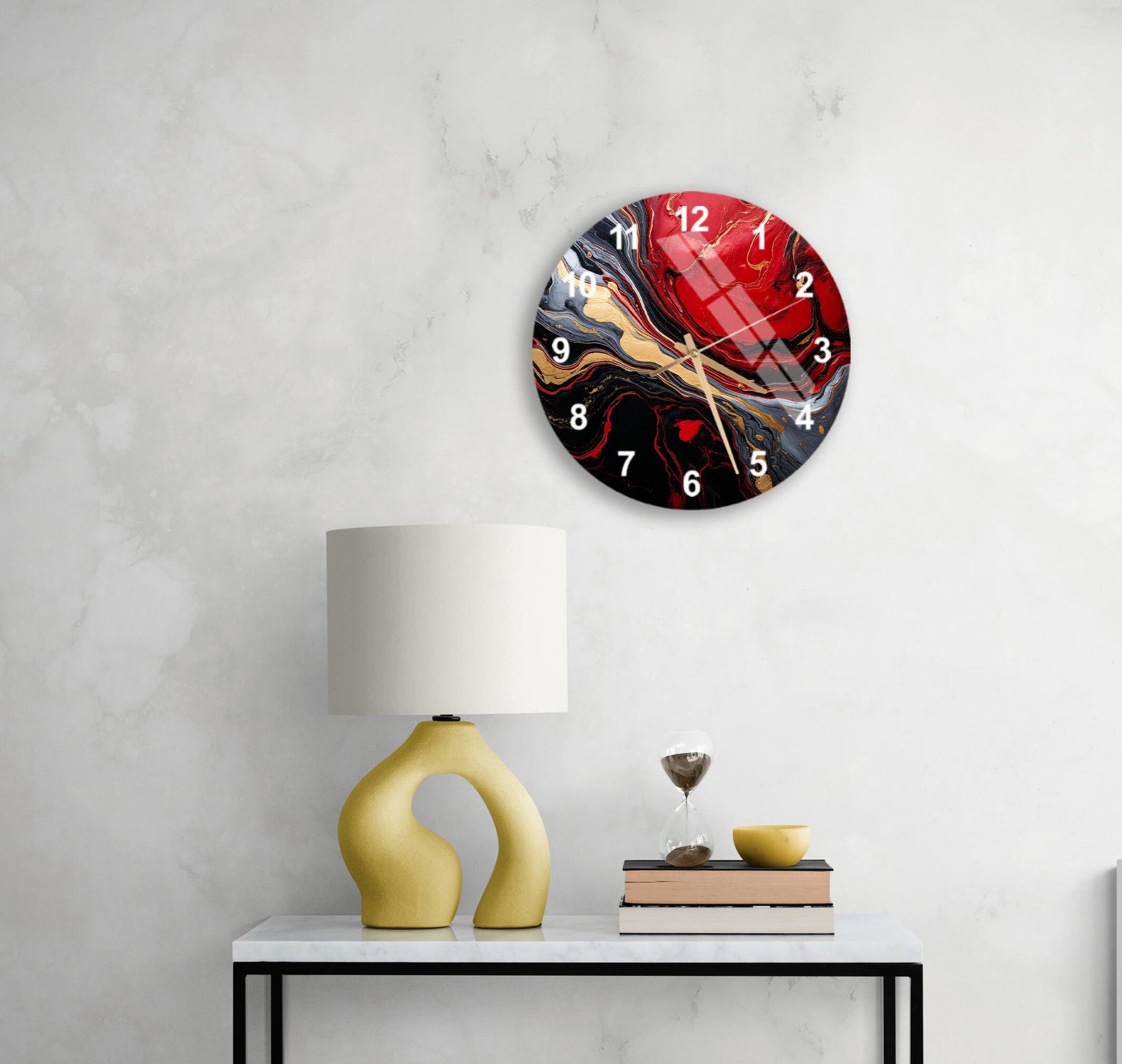 a white table with a lamp and a clock on it