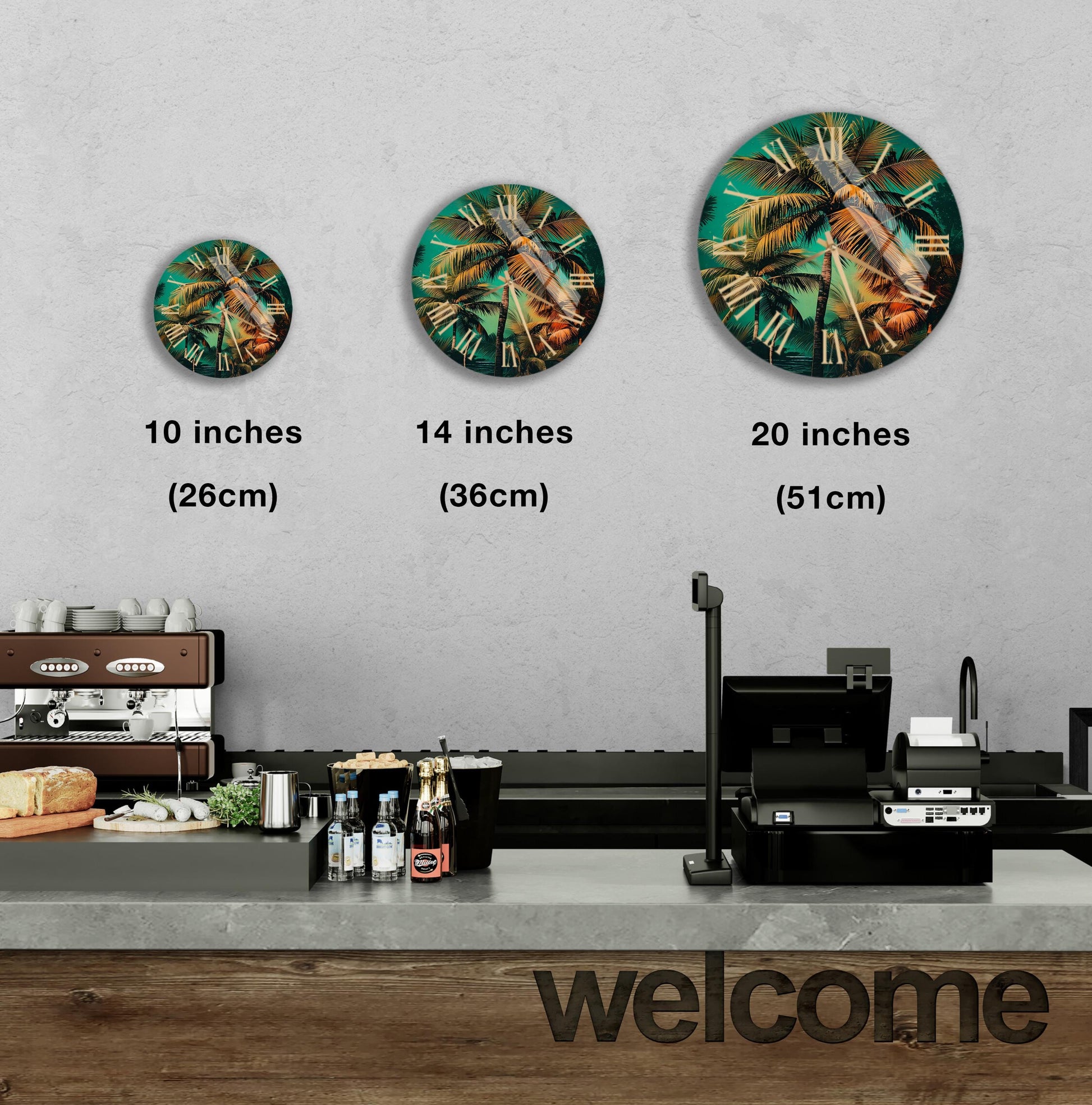 a coffee shop with three clocks on the wall