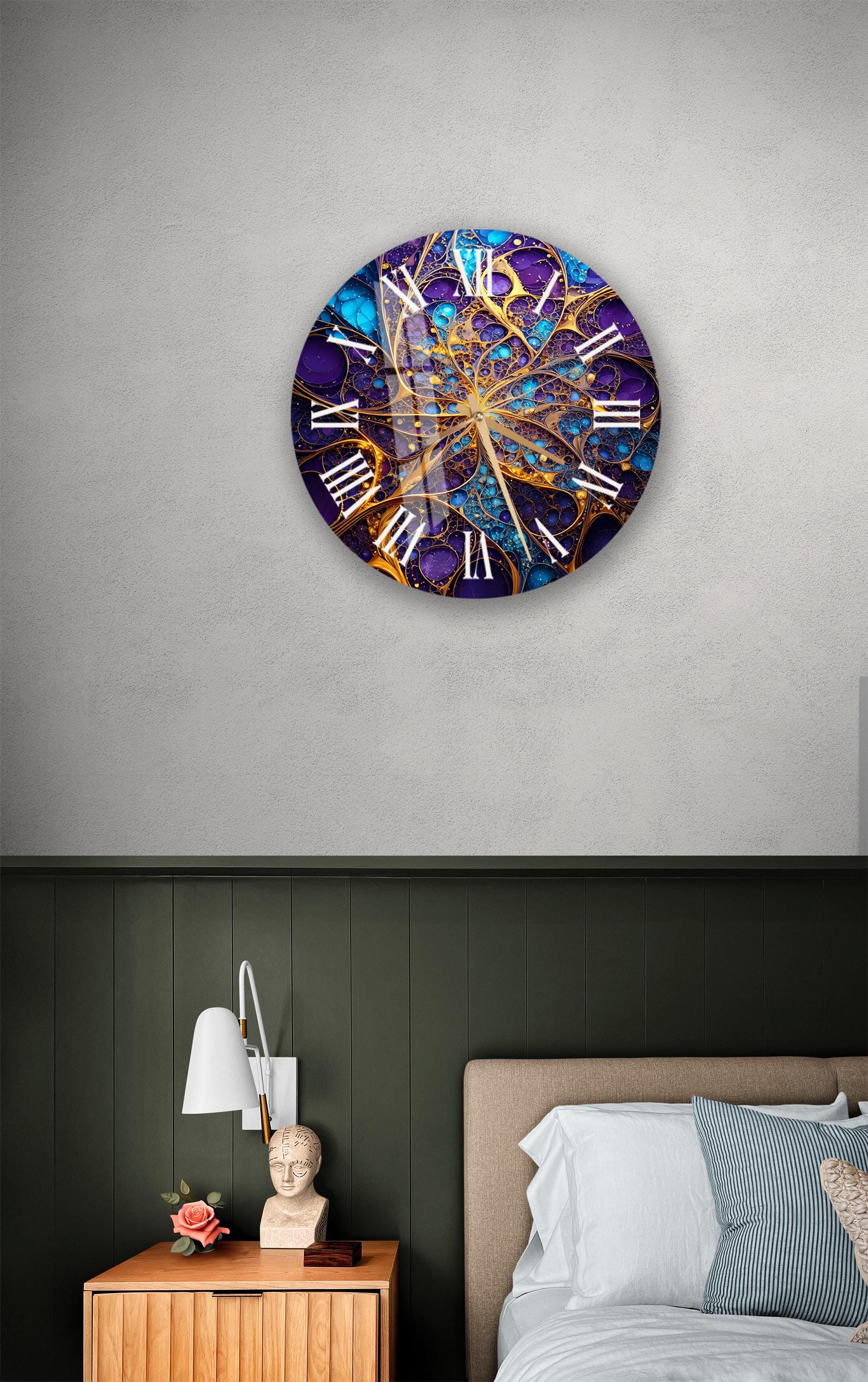 a bedroom with a bed and a clock on the wall