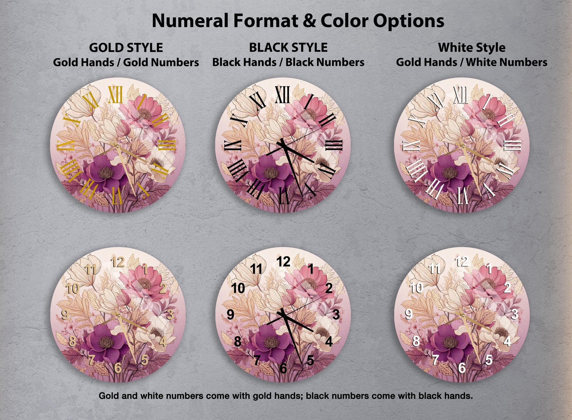 a set of four clocks with flowers painted on them