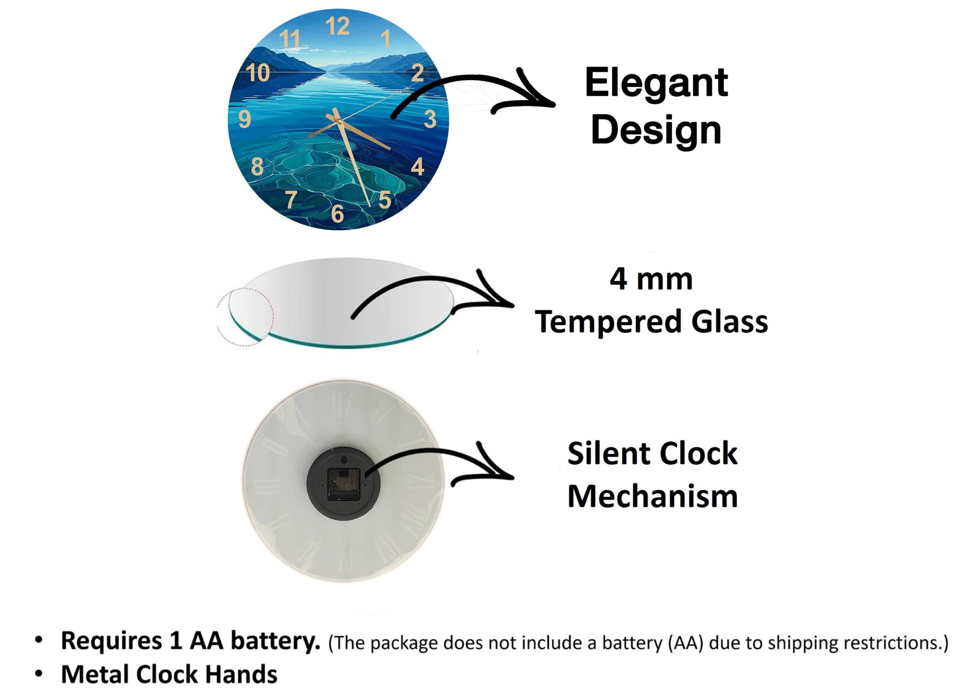 The image is a diagram that illustrates the features of a clock, including its design, size, and mechanism. It shows a 4 mm Tempered Glass clock, a silent clock mechanism, and a metal clock hand. The diagram also includes text that explains the features of the clock, such as the requirement of a 1 AA battery and the absence of a battery (AA) due to shipping restrictions.