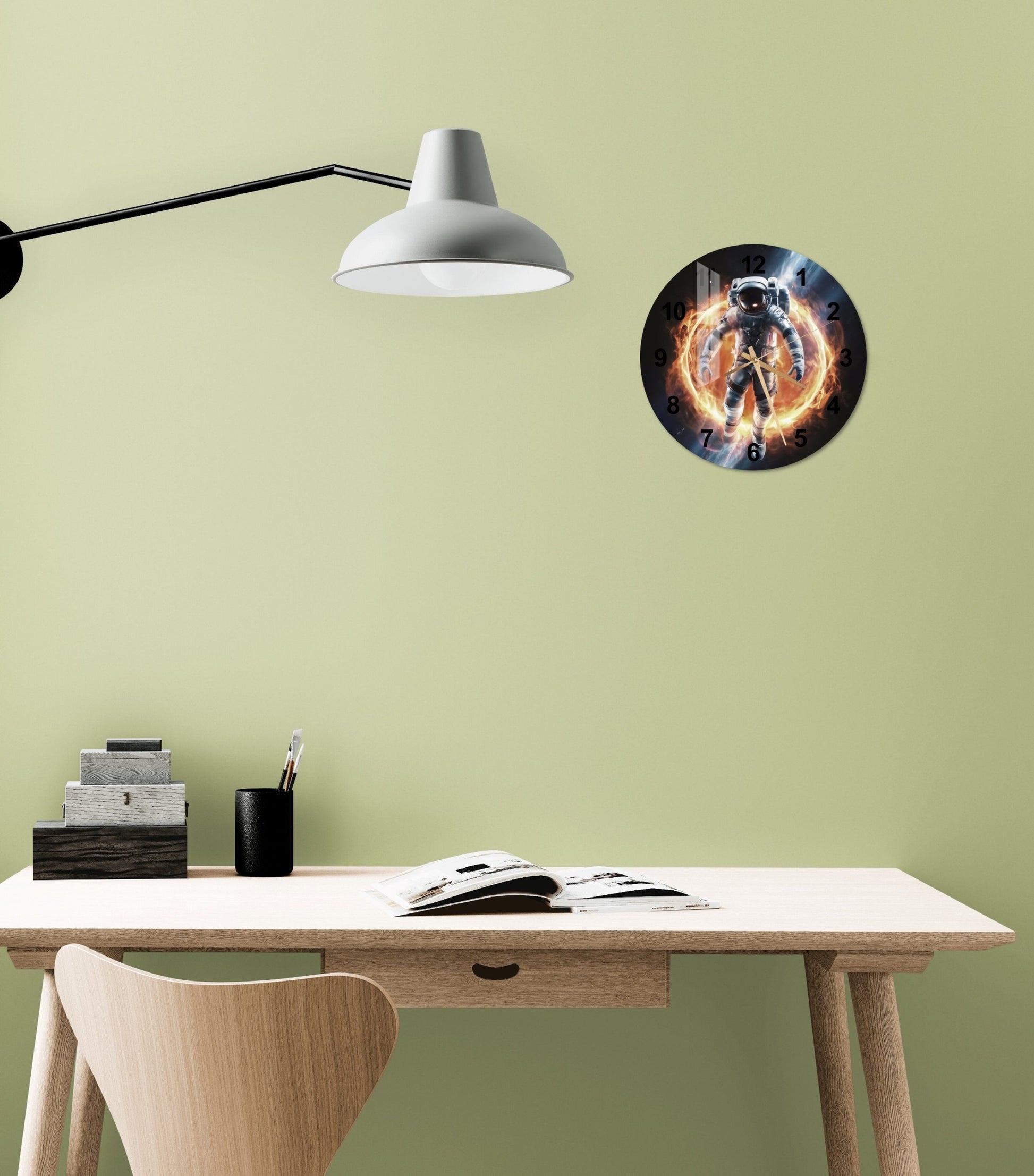 a desk with a chair and a lamp on it