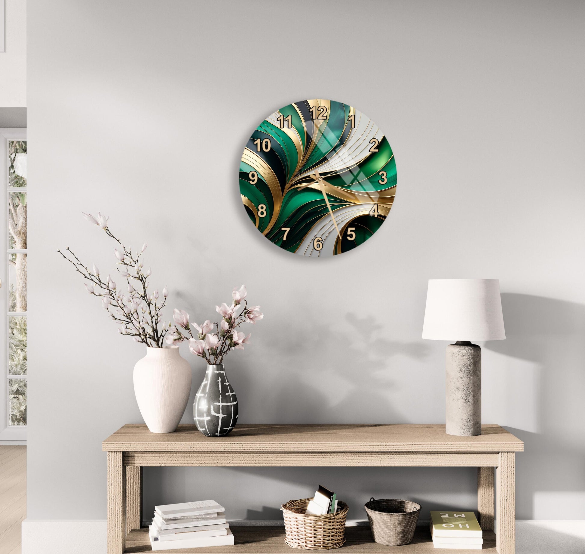 a modern living room with a wooden console table, a round wall clock with a green and gold design, a white vase with pink flowers, and a white lamp on a side table.