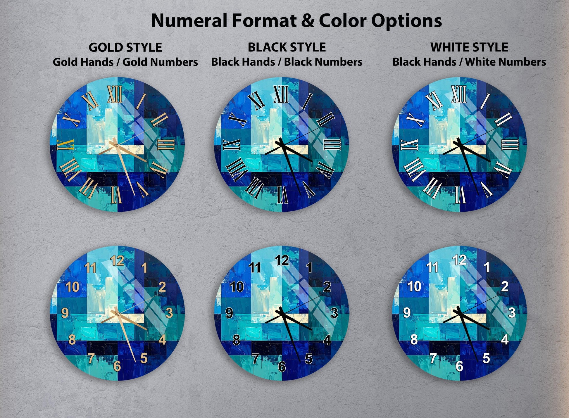 a collection of six wall clocks with different styles and color options, arranged in a grid format.