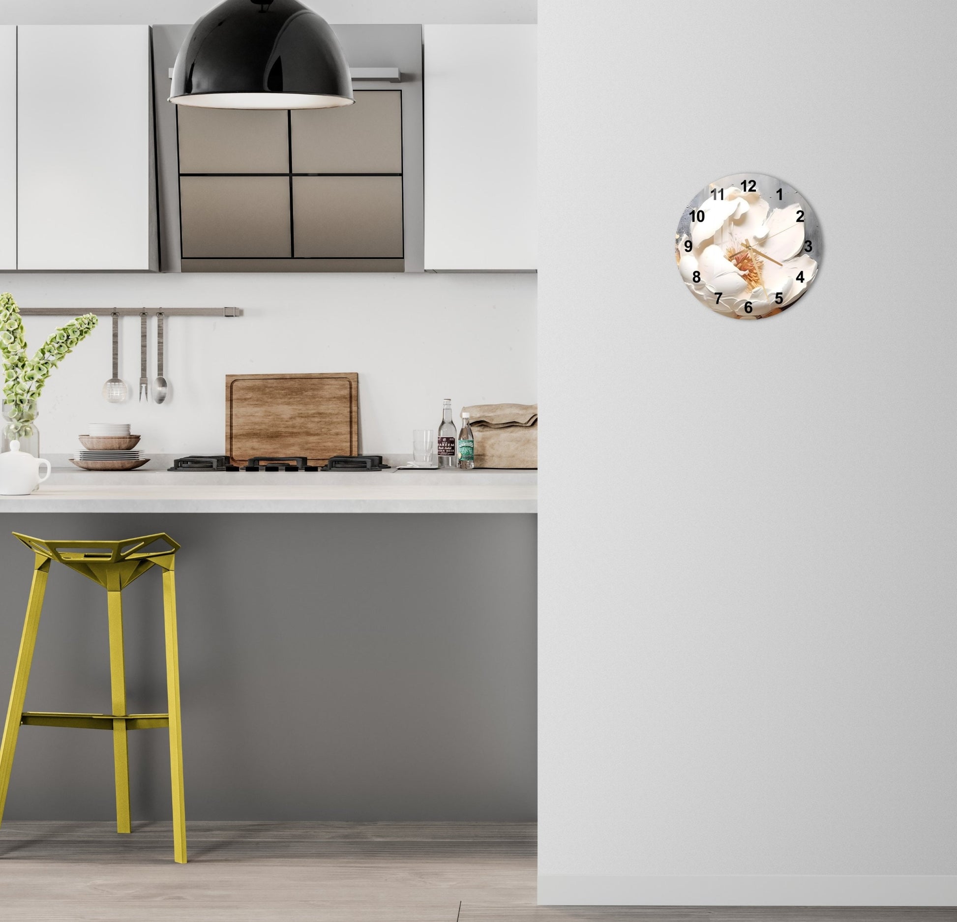 a kitchen with a yellow stool and a clock on the wall