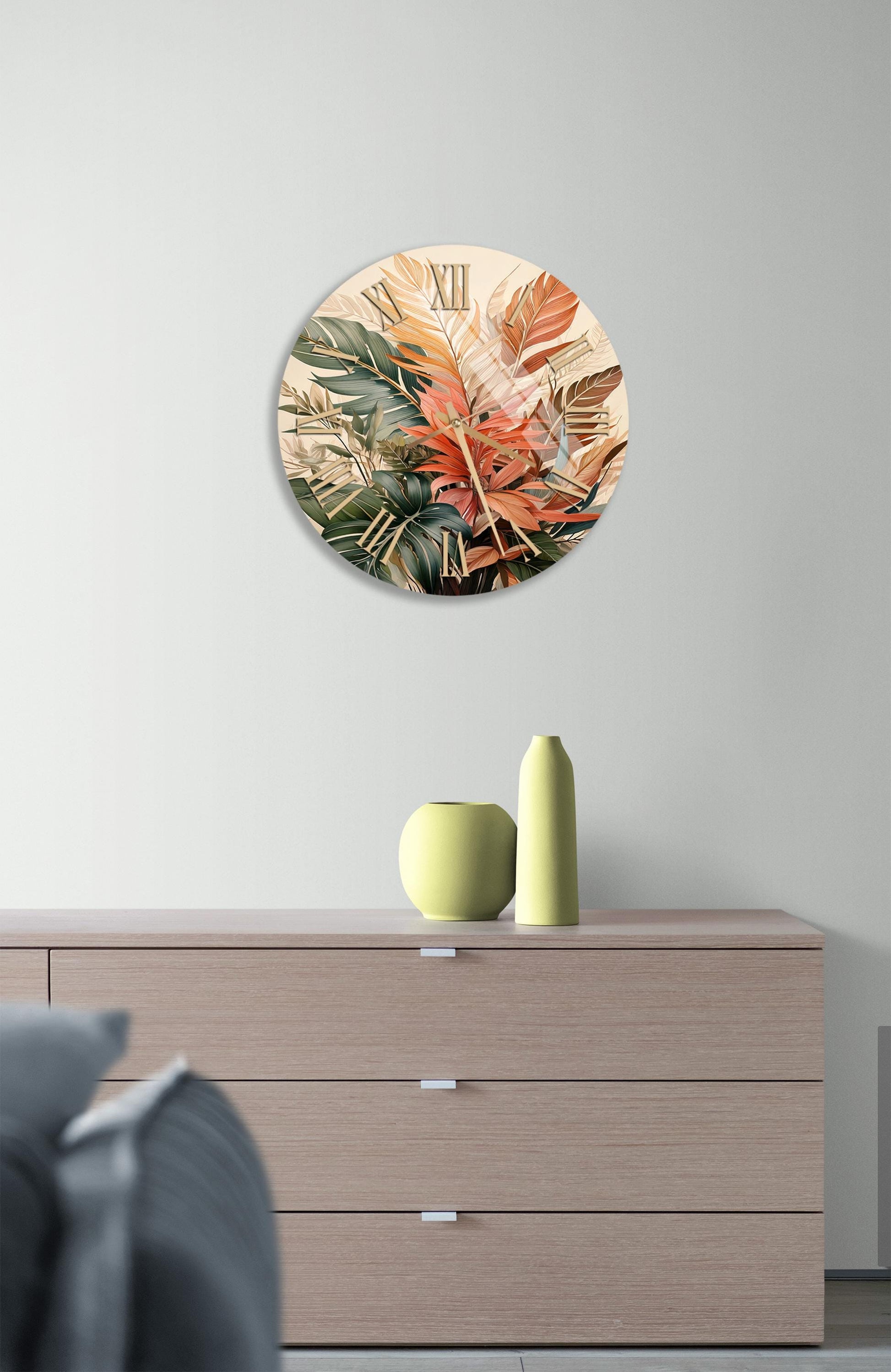 a clock on a wall above a dresser