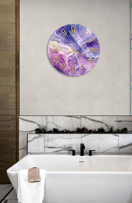 Purple Marble Wall Clock - Tempered Glass, Abstract Art, Large Modern Decor
