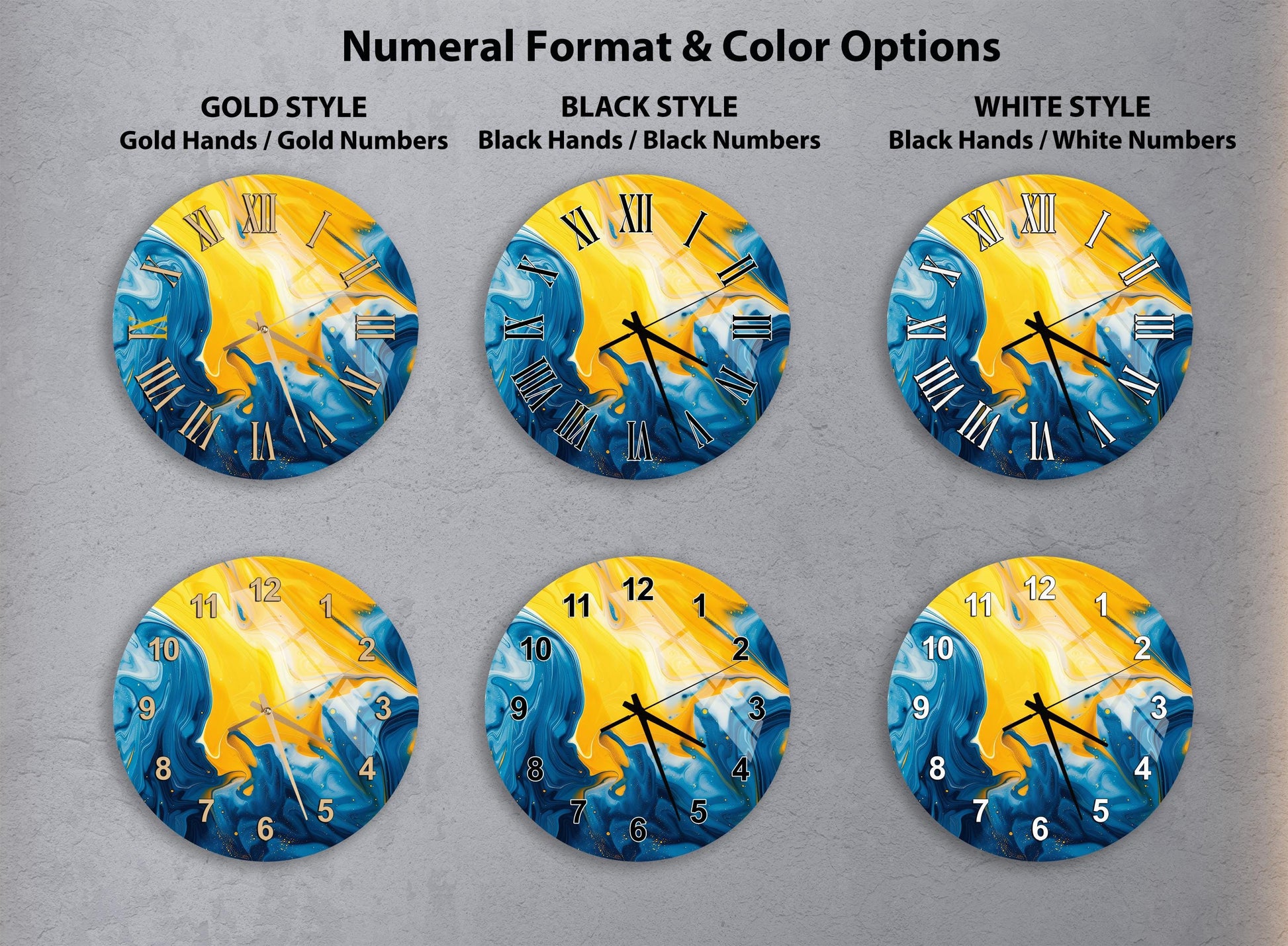 six different clock designs with varying styles and color options. The clocks feature gold hands and numbers, black hands and numbers, and white hands and numbers. The clocks are arranged in a grid format, with each row containing one clock design and each column containing one clock style.