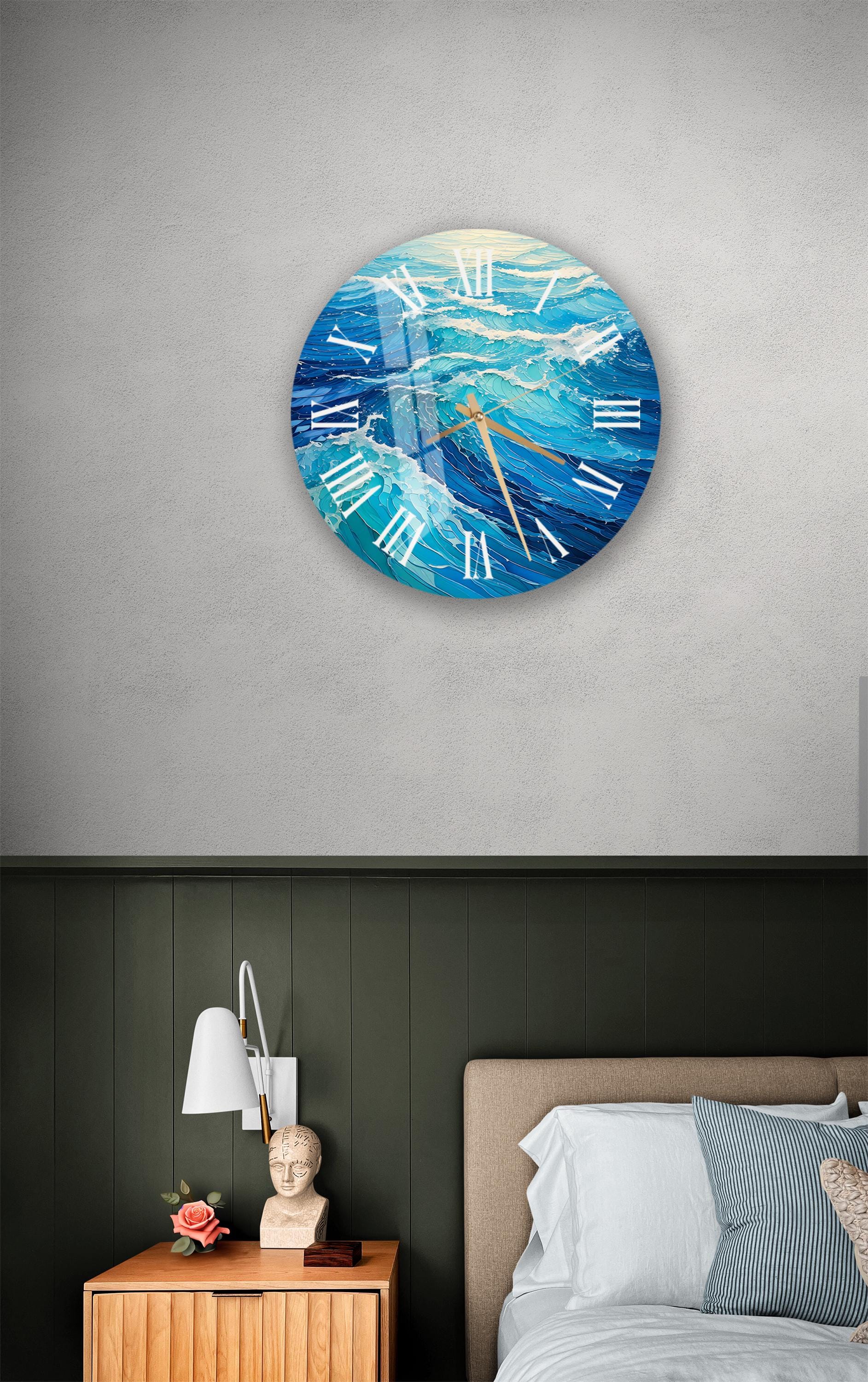a bedroom with a bed and a clock on the wall
