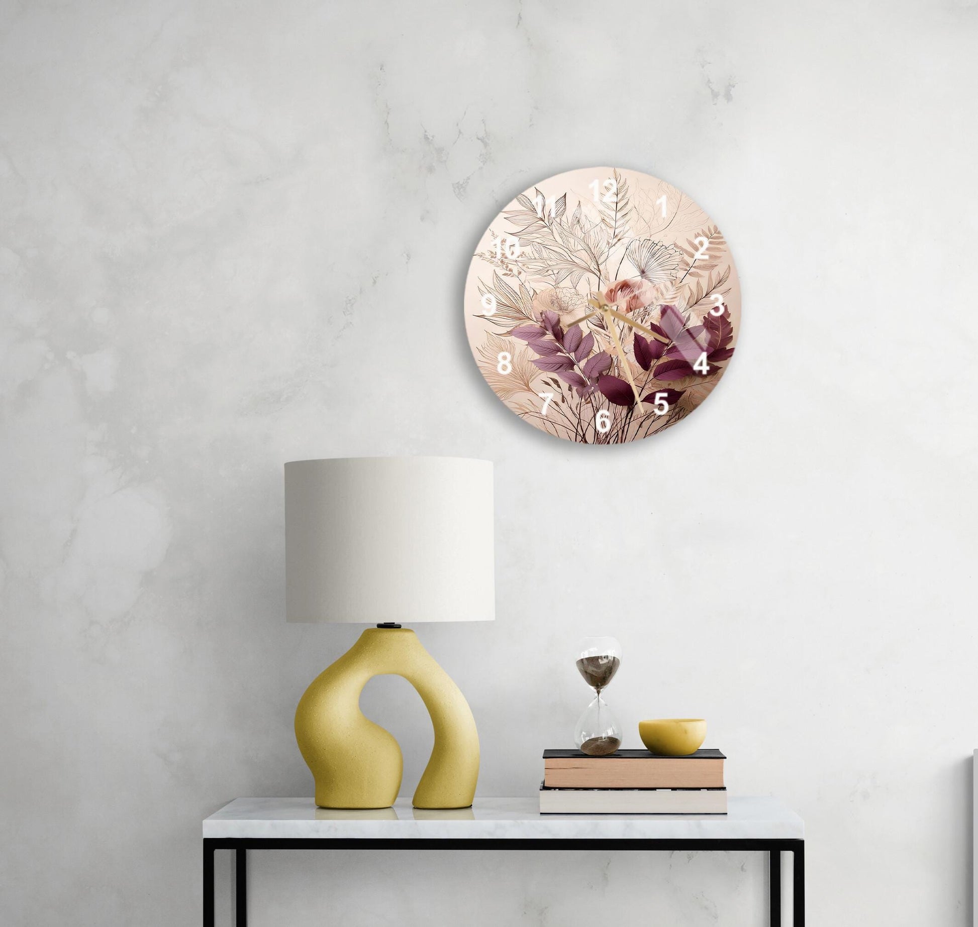 a table with a lamp and a clock on it