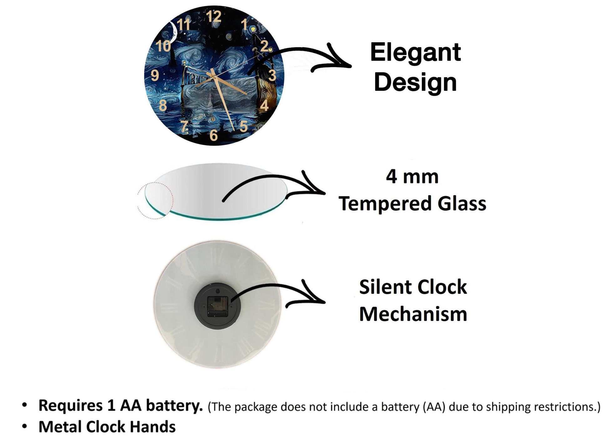 The image is a 3D rendering of a clock with various features and specifications, including a 4 mm Tempered Glass face, a silent clock mechanism, and metal clock hands.