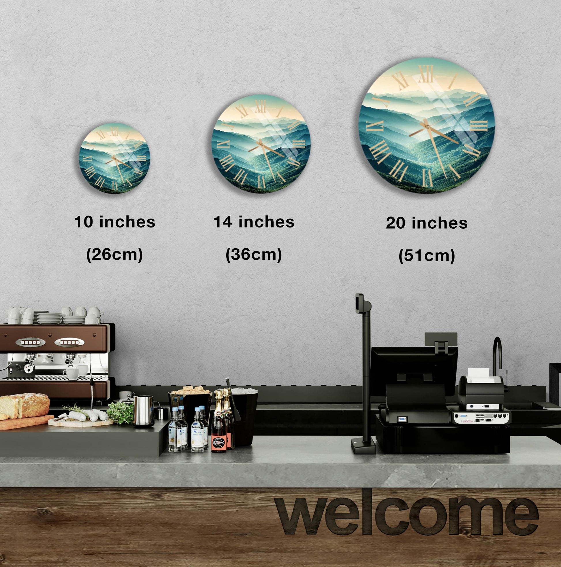 a coffee shop with three clocks on the wall