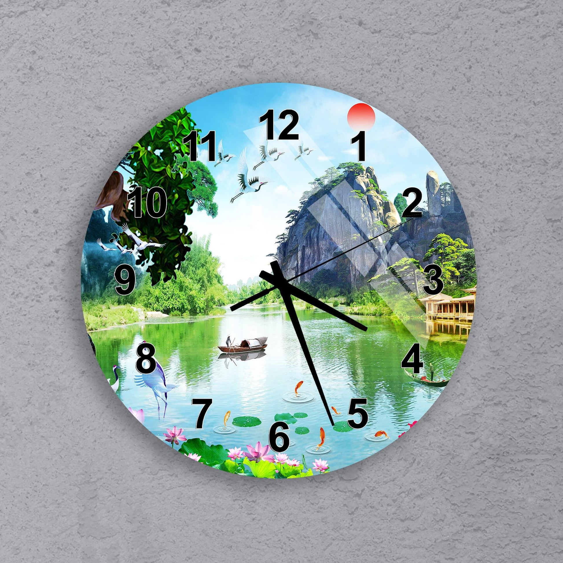 A wall clock with a scenic landscape featuring a lake, mountains, and a boat on the water.
