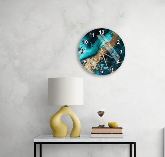 Modern Glass Wall Clock – Teal Gold Abstract Round Silent Quartz Timepiece