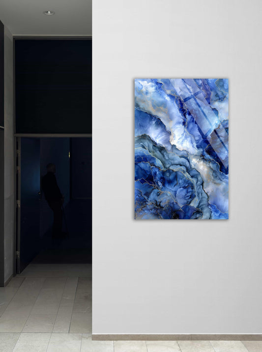 Blue Marble Wall Art – Abstract Alcohol Ink Tempered Glass Decor with Gold Vein
