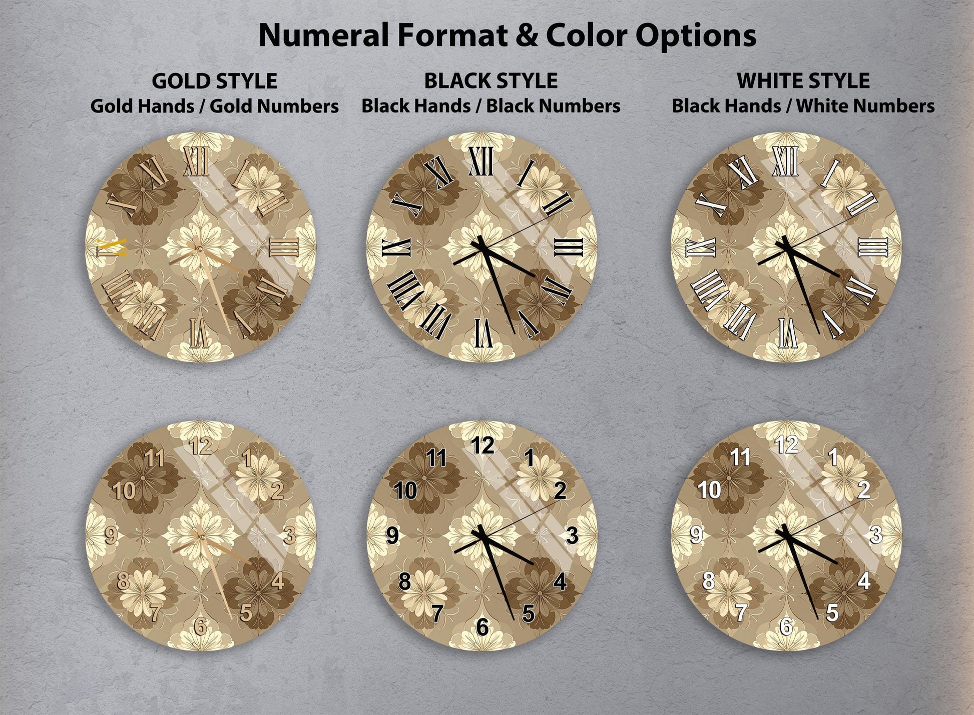 a collection of six clock faces with different styles and color options, including gold, black, white, and floral patterns.