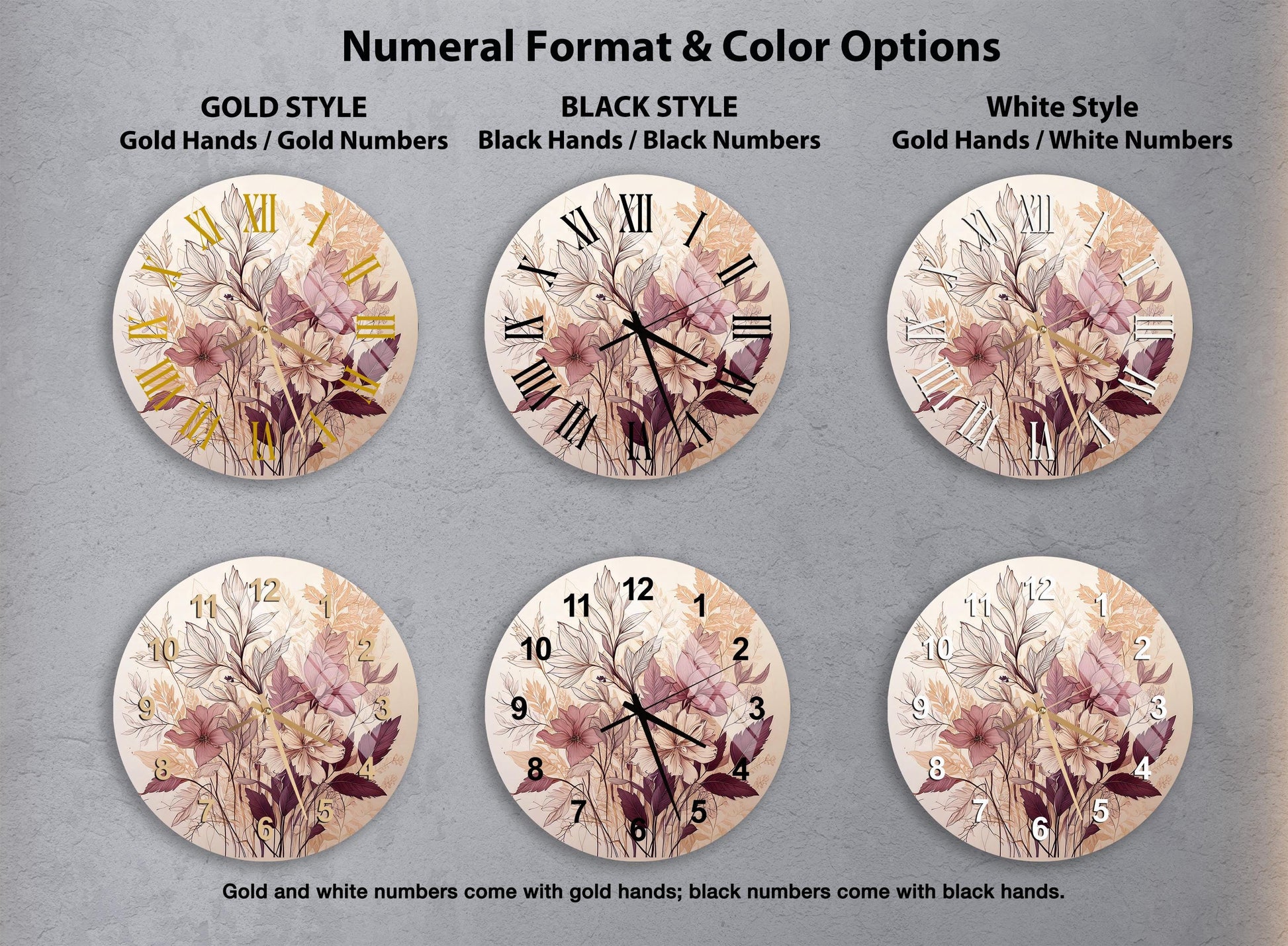 a set of four clocks with flowers painted on them