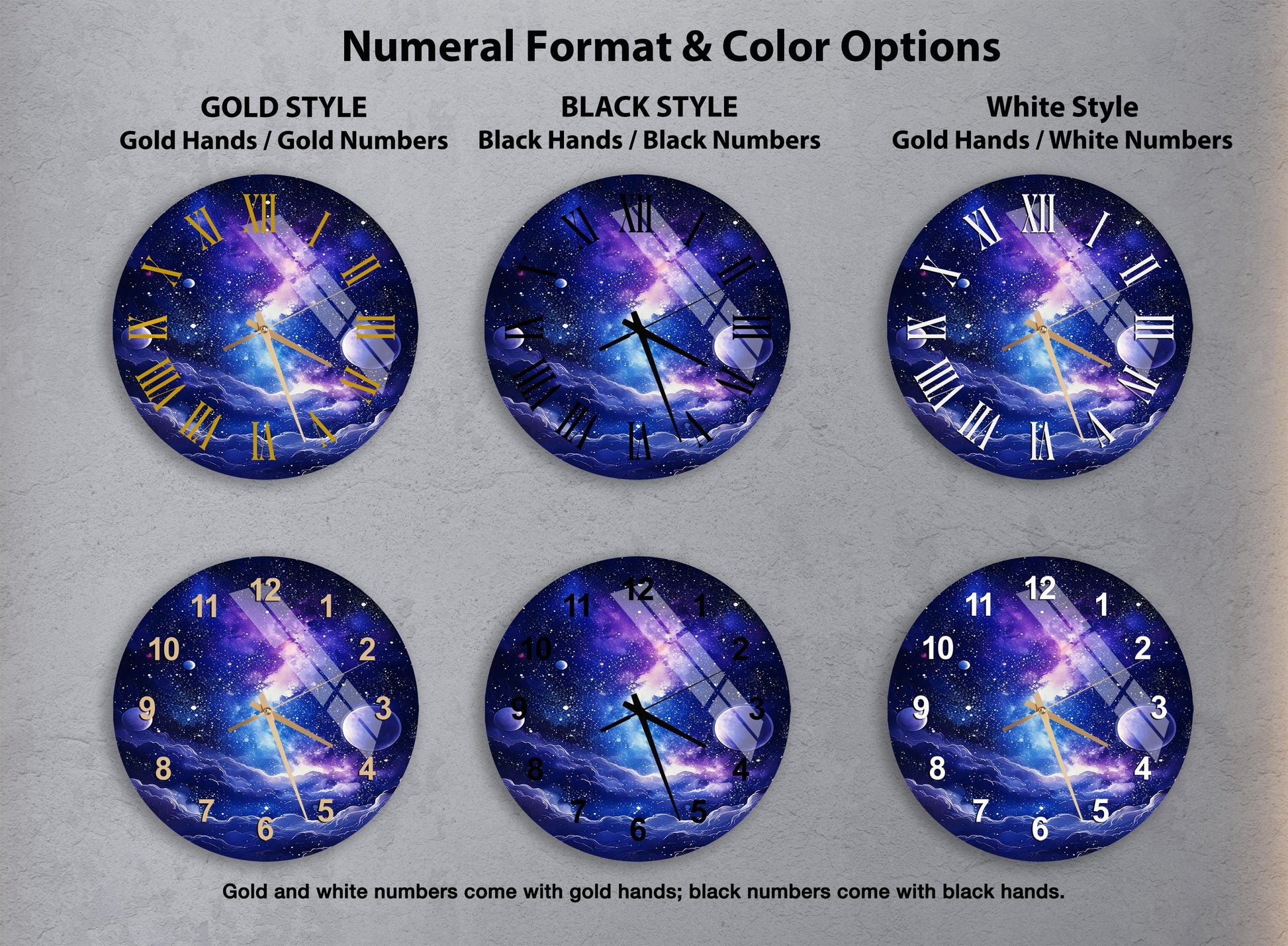 a set of four wall clocks with different designs
