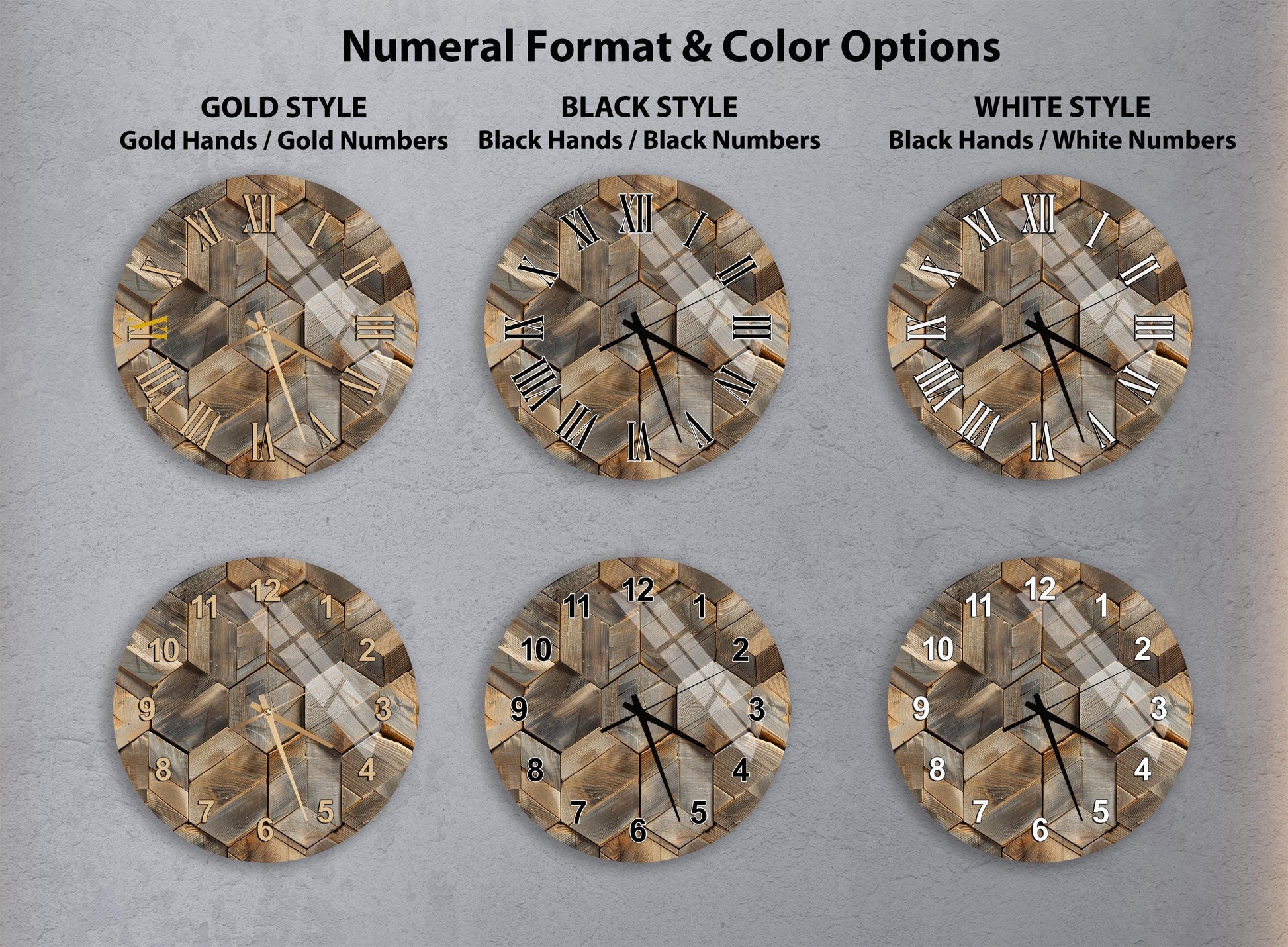 a collection of six different wall clocks, each with a unique design and color scheme. The clocks are arranged in a grid format, with two clocks in each row and three clocks in each column. The clocks feature various styles, including gold hands, black hands, and white hands, as well as different color options, such as black, gold, and white. The clocks are arranged in a visually appealing manner, showcasing the diversity and creativity of the designs.