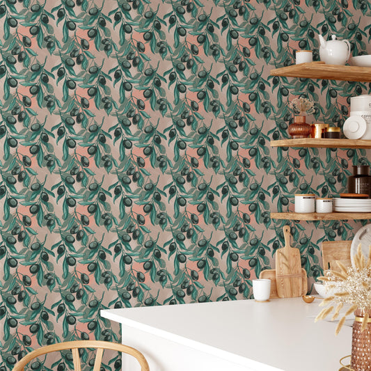 a kitchen with a white table and shelves displaying various kitchen items, including a vase with flowers, a teapot, and a wooden cutting board. The wall behind the table has a repeating pattern of green leaves and flowers, creating a vibrant and lively atmosphere.