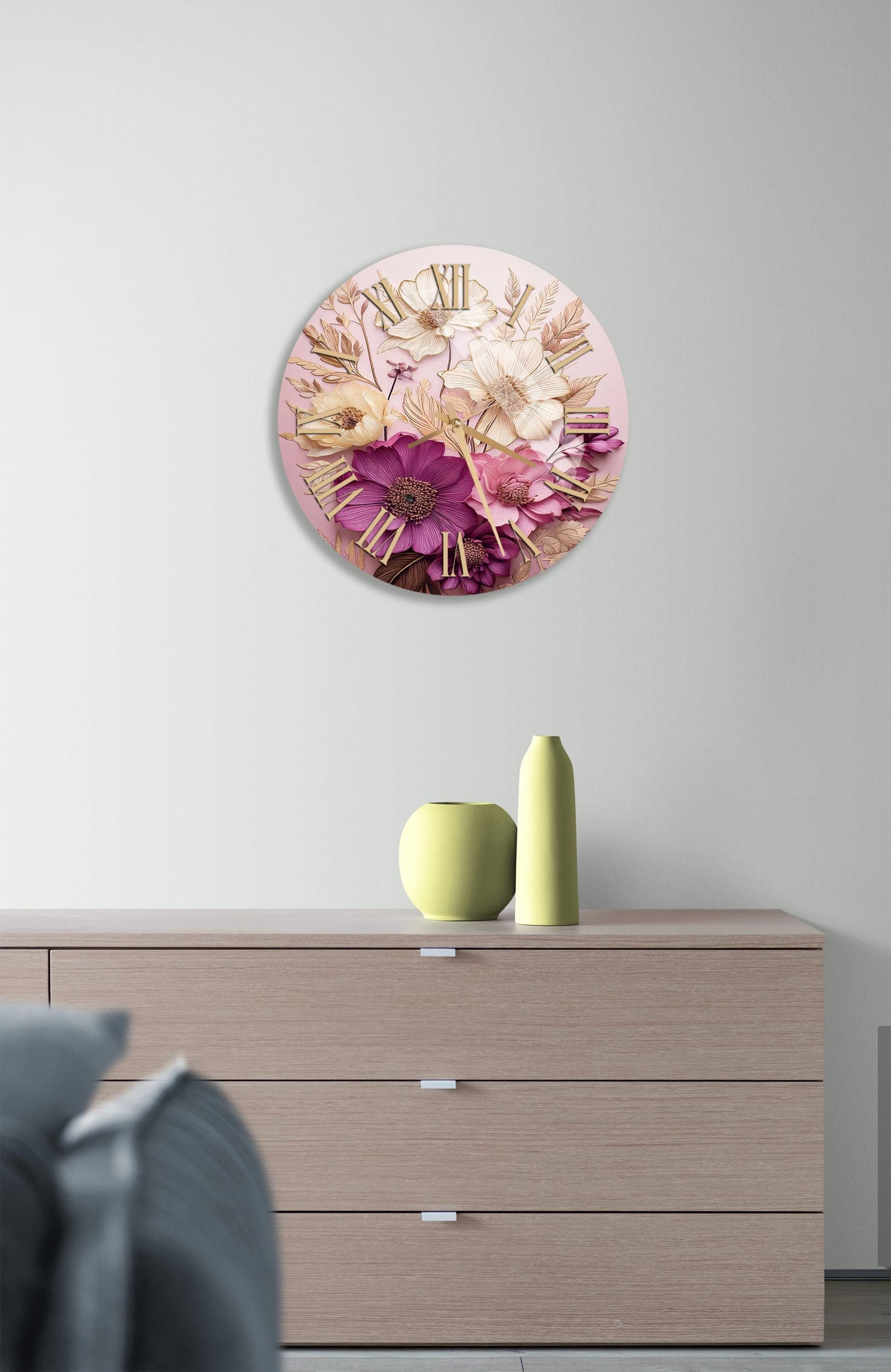 a clock on a wall above a dresser