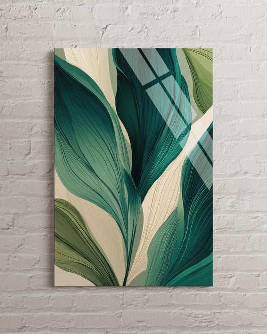 Emerald Leaf Wall Art - Botanical Print Tempered Glass Large Wall Decor