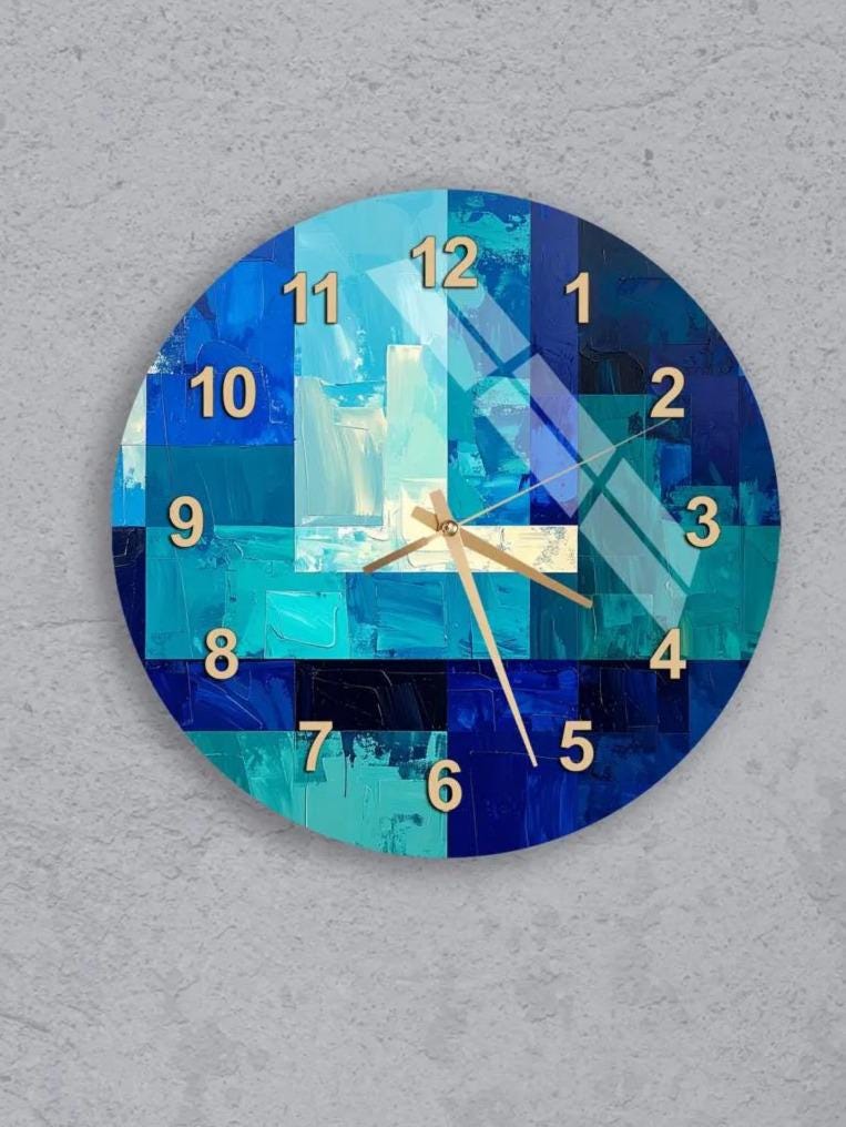 six circular wall clocks with blue and white color schemes, each featuring a unique design and arrangement of numbers and hands.