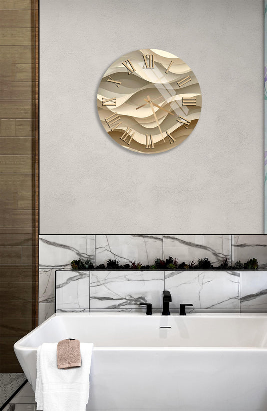 Tempered Glass Wall Clock - Beige Abstract Design | Modern Silent Decor