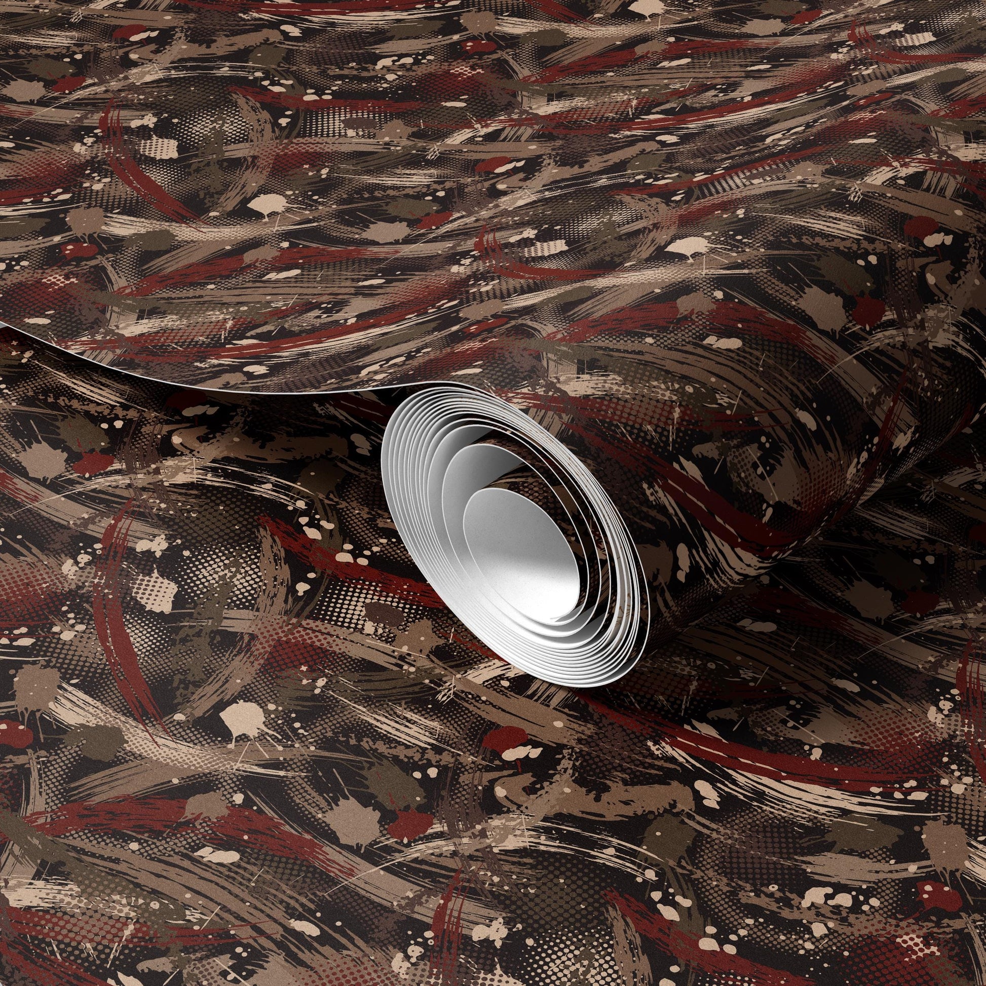 a close-up view of a roll of wallpaper with a pattern of brown and red brushstrokes.