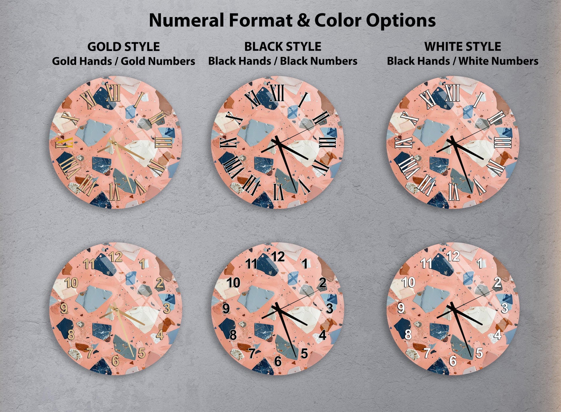 six different clock designs, each with a unique color and style, arranged in a grid format.