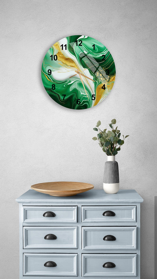 Tempered Glass Wall Clock - Marble Style Abstract Green Gold Decor for Kitchen