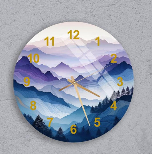 Tempered Glass Wall Clock – Blue Purple Abstract Mountain, Stylish Modern Decor