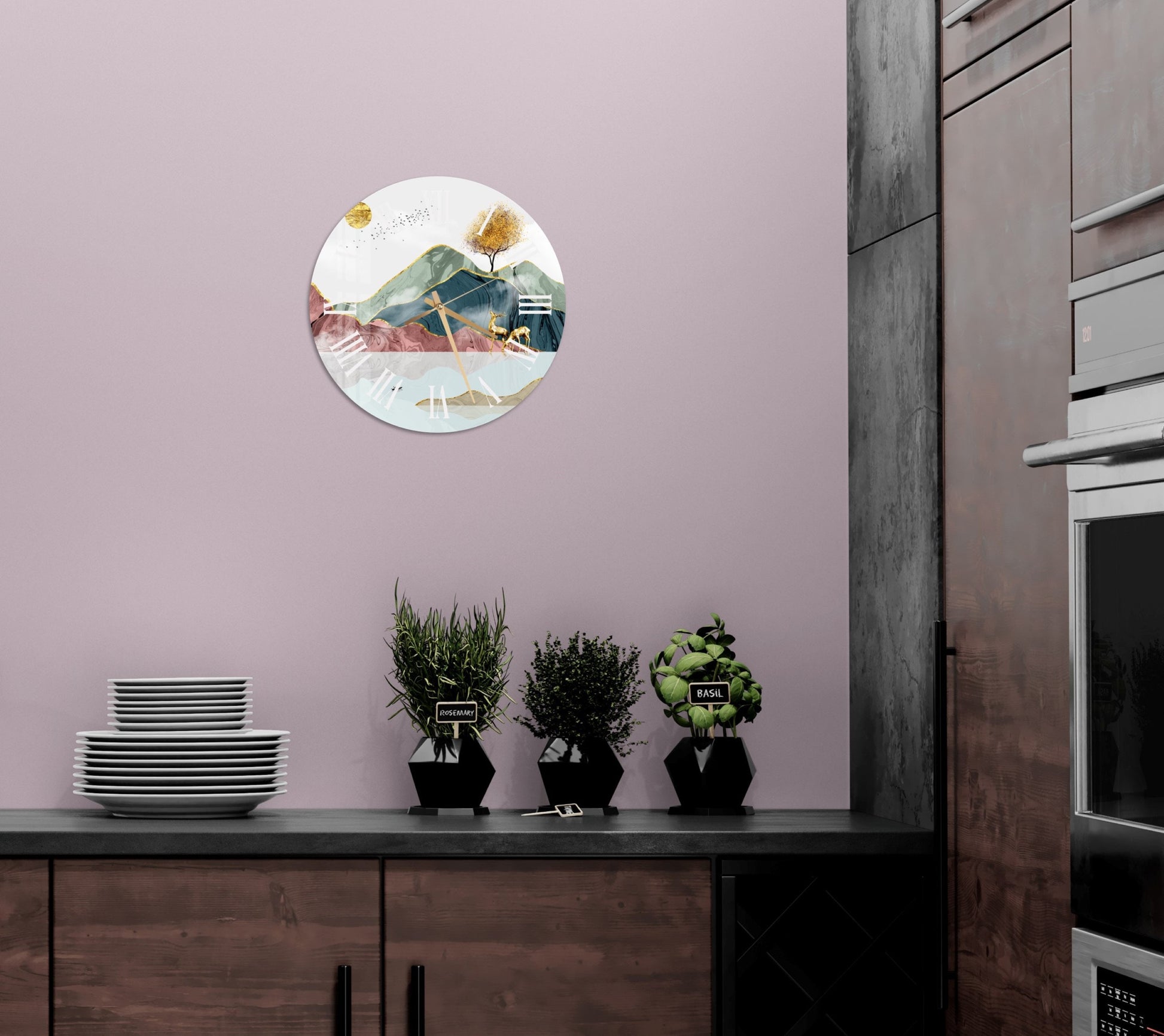 a kitchen with a purple wall and a clock on the wall