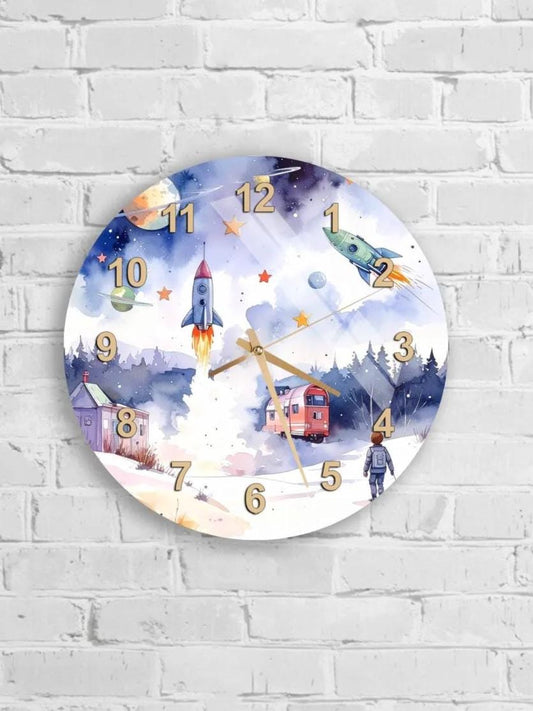 A round wall clock with a space-themed design, featuring a rocket ship, planets, and a child walking in the foreground.