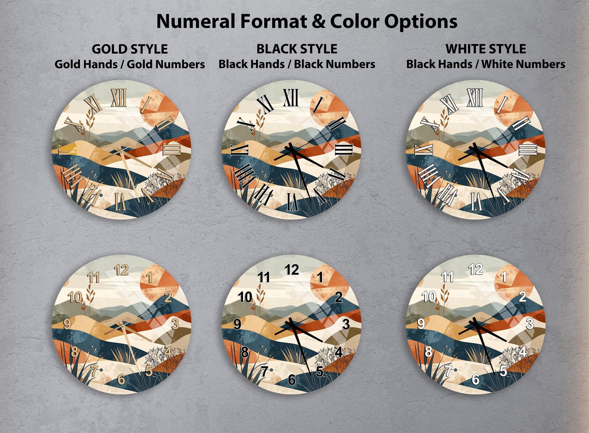 six different clock faces with various styles and color options, including gold, black, white, and black and white.