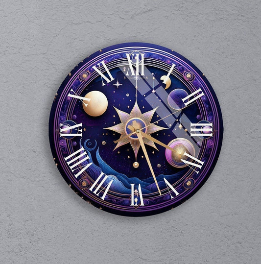 Tempered Glass Wall Clock – Celestial Lunar Phases, Deep Blue Modern Decor